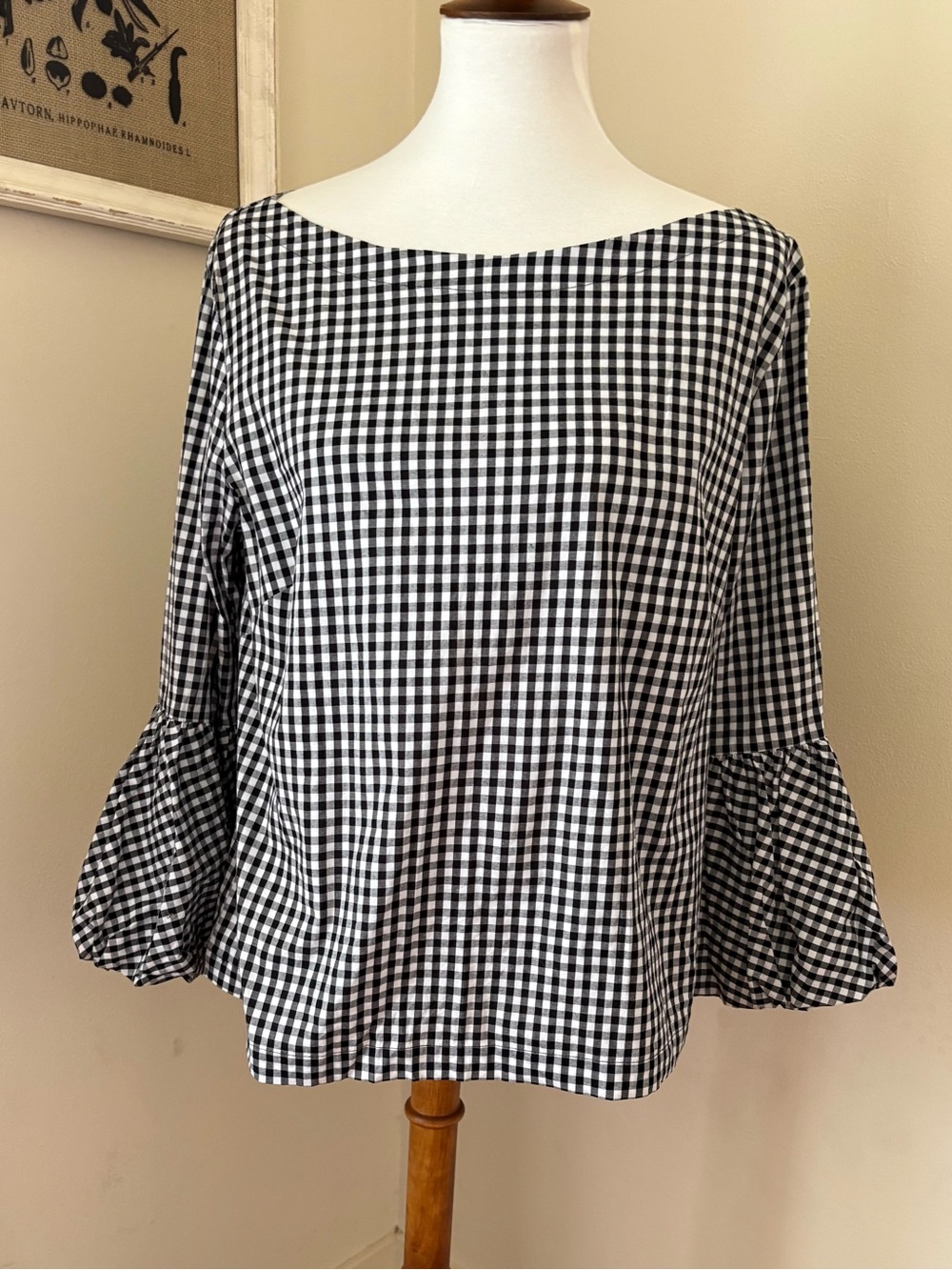 Laundry By Shelli Segal Black & White Gingham Bell-Sleeve Top - Picture 1 of 5